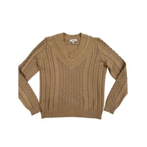 Façonnable Men's M V-Neck Cable Knit Sweater Camel Tan 100% Cotton French Design